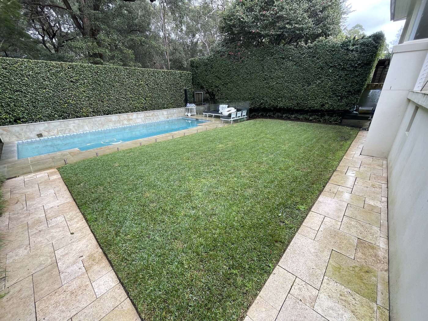 A freshly mown lawn and neatly trimmed hedges at a client's property, maintained by Eaton Gardening on Sydney's North Shore